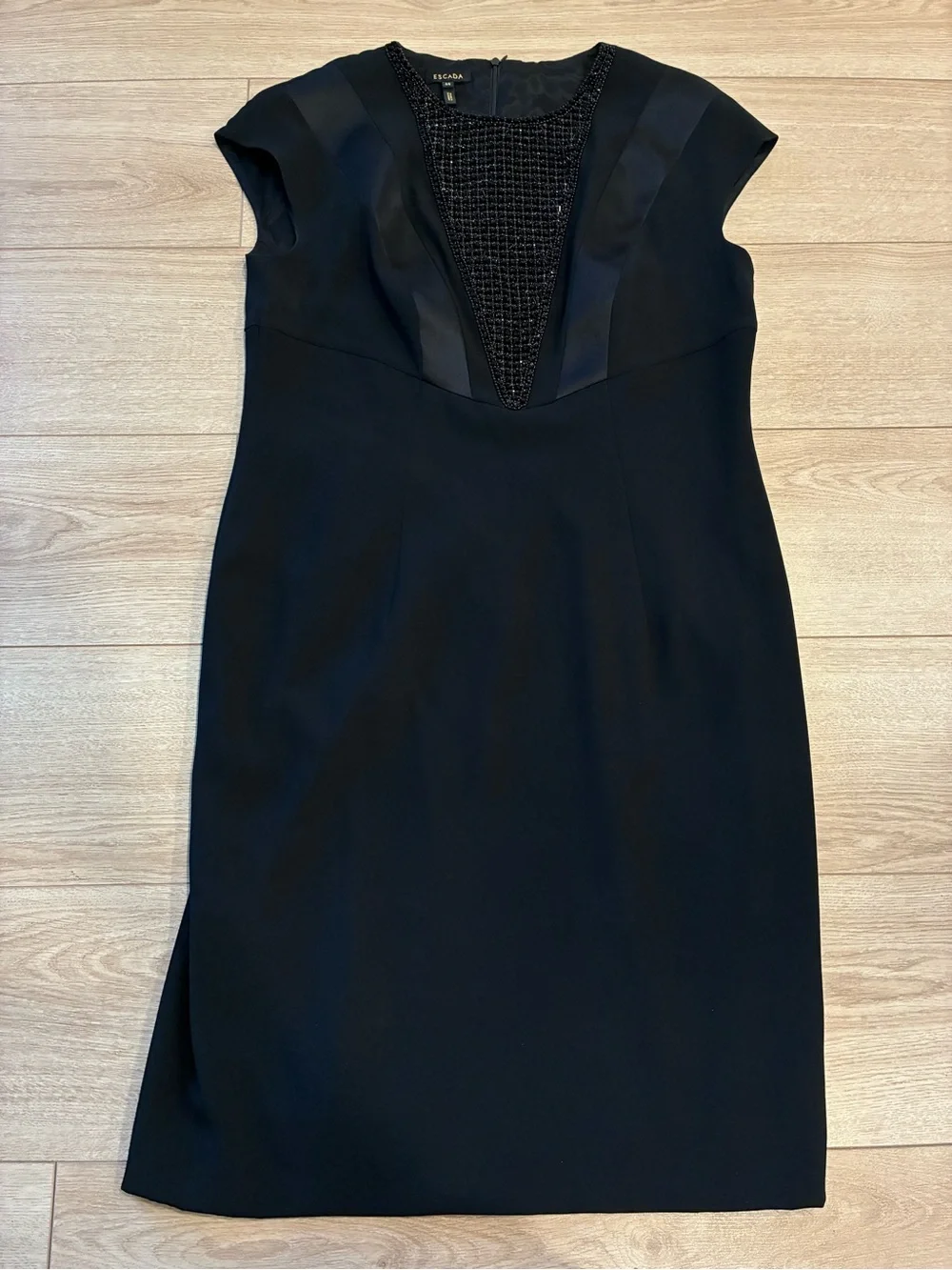 Escada Black Sheath Dress Beaded Satin Trim Cap Sleeve LBD Size 44/L